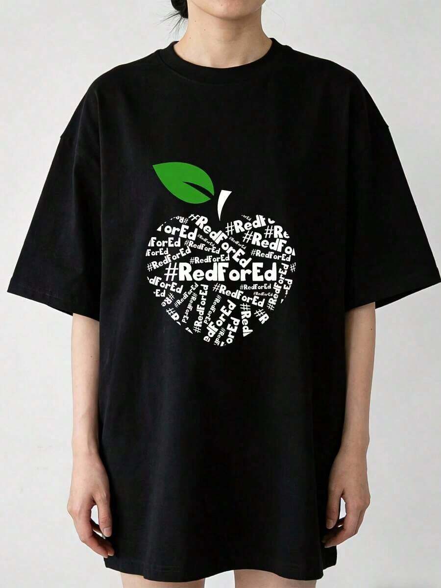 New Takamachi Tiles Summer Casual T-Shirt With Red Apple Print, Plus Size, Suitable For Family And Teacher Team Building Activities, It's The Perfect Gift For Him And Her, 180G T-Shirt, Comfortable, Versatile, Basic Style - Unisex Loose Cotton Short Sleeve Crew Neck T-Shirt, Urban Vintage Style. - 黑色 - 查看 1