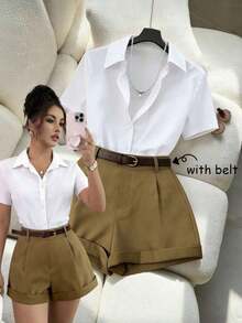 Conjunto de camisa de manga corta con cuello y pantalones cortos de pierna ancha de moda casual para mujer, adecuado para ir al trabajo, vacaciones y viajes en primavera/verano - Negro - Ver 3