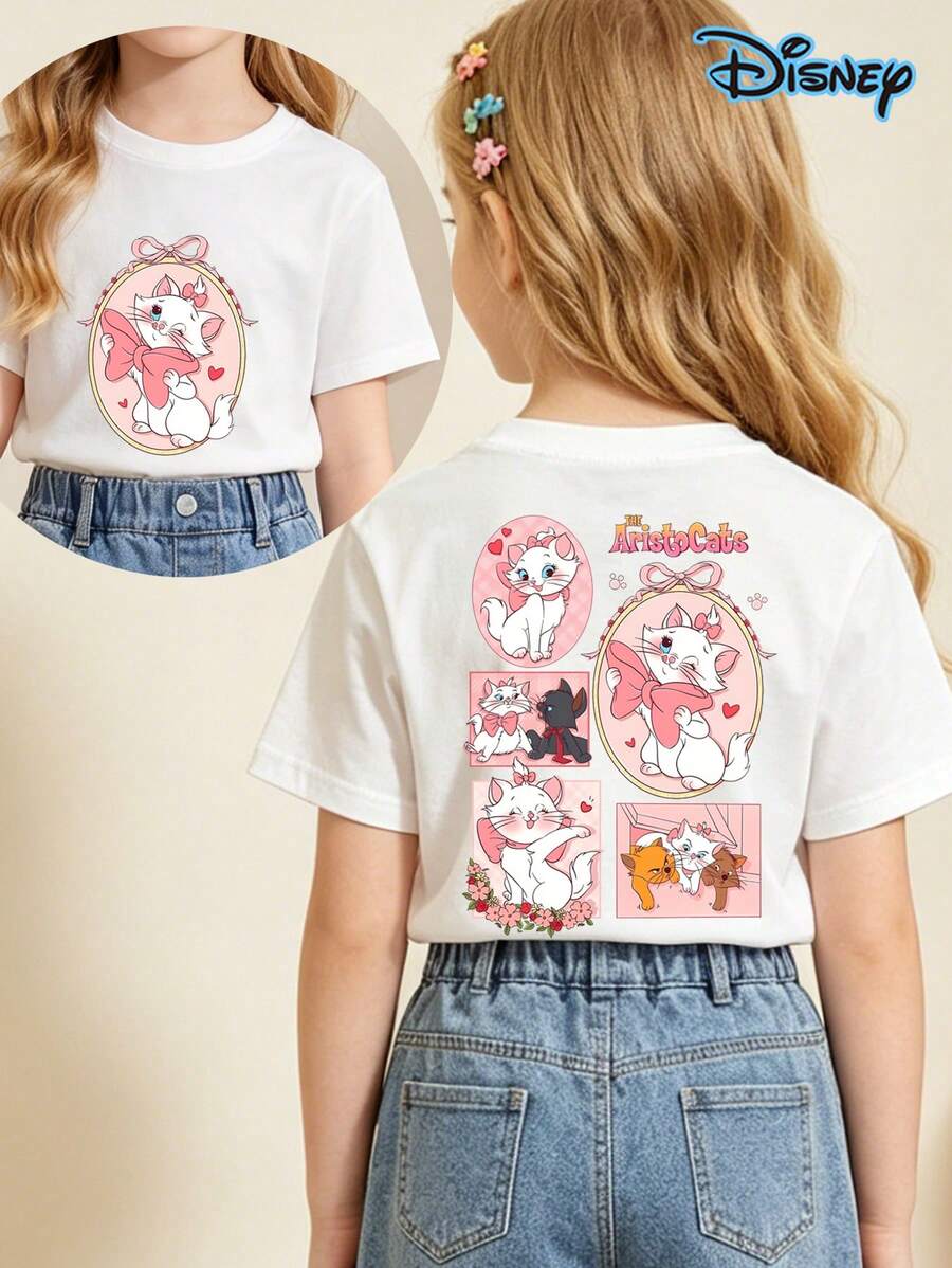 Disney The Aristocats Marie Cat Pose Graphic T-Shirt, The Aristocats Disney Marie Emotions Shirt, Disneyland Trip Family Matching Shirt 2026; Spring/Summer Pure Cotton T-Shirts For Teenage Girls, Cute Children's Pattern T-Shirts, Birthday Gifts, Children's Girls' Clothing, Casual Daily Teenage Student Clothing, Short Sleeved Shirts Suitable For Children, Street And Beach Vacations, School And Holiday Atmosphere Clothing - White - View 1