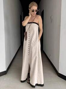 A-Line Dress, Loose Fit, Two-Tone Cotton And Linen, French Holiday Style, Spring/Summer 2026 - Khaki - View 4
