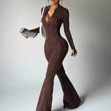 Dewbera 1pc Women's Seamless Sexy Leopard Print Mock Neck Front Zipper Thumb Hole High Waist Contour Sports Running Fitness Gymnastics Dance Long Sleeve Flared Jumpsuit - Multicolor - Ver 3