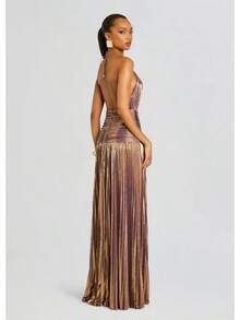 Metallic Pleated Halter Maxi Dress, Ruched Waist With Front Slit, Elegant Evening Gown For Prom & Weddings - Purple-gold - View 3