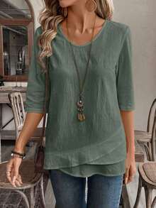 Blusa blanca con diseño de empalme en escote en V para mujer - Verde militar - Ver 2