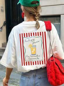 1 Piece Of Women's Short-Sleeved Round Neck T-Shirt With Cartoon Print Of Iced Lemonade And Vertical Stripes, Suitable For Summer, Beach, Street, Daily Wear, Work, Office Party, Going Out, Festival, Music Festival, Valentine's Day, Casual Party, White Color. - 白色 - 查看 5