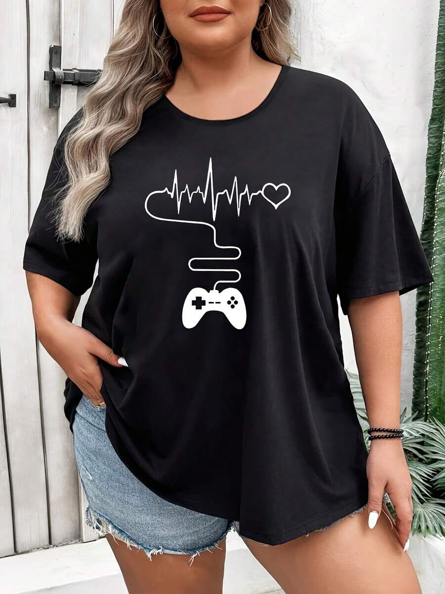 Women's Cotton T-Shirts, Round Neck, Casual Style - Loose And Comfortable Casual T-Shirt For Women Video Game Lovers, With Letter Print - Suitable For Home And Sports Wear, Loose Spring/Summer Clothing For Women - New Product Launch, Simple T-Shirt For Everyday Wear. - 黑色 - 查看 1