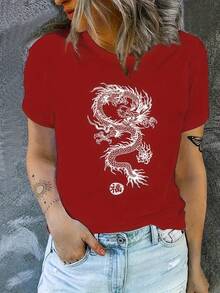 Women's Casual Cotton Crew Neck T-Shirts, Chinese Dragon Print, Comfortable Fit Short Sleeve T-Shirt, Breathable And Fashionable Casual Top, Simple T-Shirt For Everyday Wear - 紅色 - 查看 7