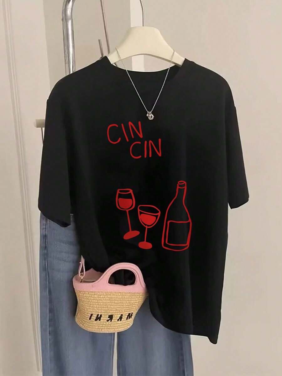 [Quanquan] Minimalist Style Moon Print Short Sleeve Round Neck Cotton T-Shirt, Elegant Party Outfit, Elegant Ladies T-Shirt, Blouses Suitable For Curvy Women, Casual Wear, Cool And Sweat-Free Summer Clothes, Fun Letter Print - 黑色 - 查看 1