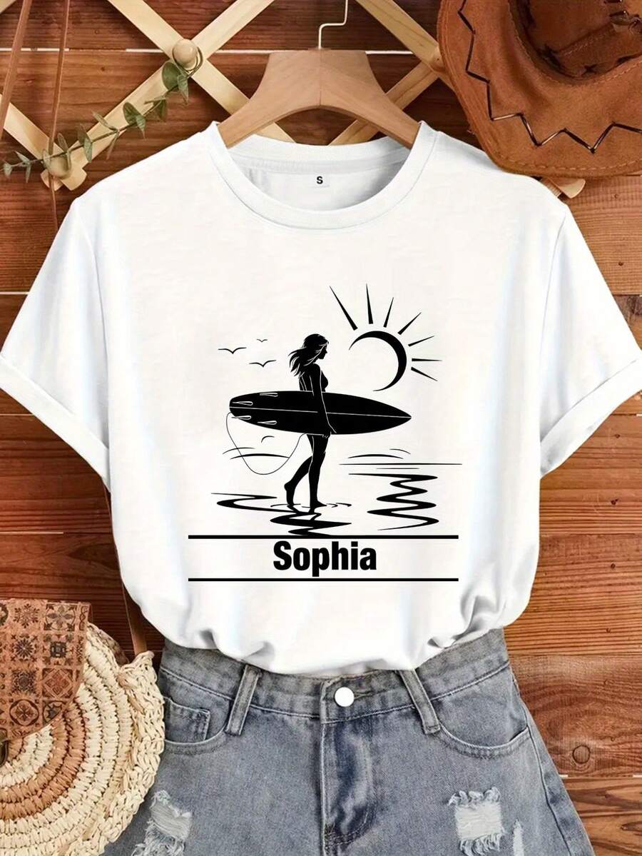Personalized Summer T-Shirt [Made-To-Measure Item], Custom Surf T-Shirt, Beach T-Shirt, Aesthetic Summer T-Shirt, Personalized Gifts, Sweatshirt For Surf Lovers - Unisex Loose Cotton Short Sleeve Crew Neck Urban Vintage Style T-Shirt. - 白色 - 查看 1