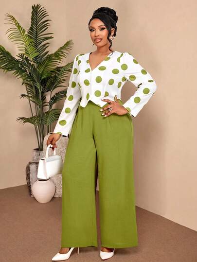 BIUBIU Conjunto de 2 piezas de talla grande para mujer con blusa de lunares verdes con cuello en V y botones, y pantalones de pierna ancha, para looks casuales de primavera