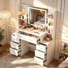 Large Dressing Table With LED Lighted Mirror Stool 10 Shelves Vanity Makeup Desk - Dressing Table With Drawers Mirror Stool Set Makeup Desk Vanity Table Bedroom - White - View 6