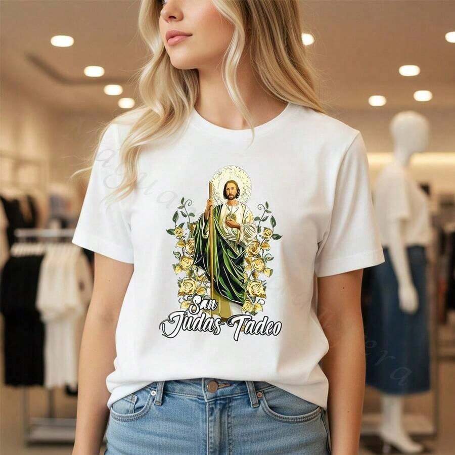 Women's Cotton T-Shirt "Tadeo" With Religious Print, Short Sleeve, Round Neck, Loose Fit, Various Sizes, Ideal For Everyday Wear And Faith-Inspired Style, Soft And Breathable Fabric, ColorSoft - 白色 - 查看 1
