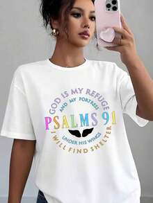 New 2026 Collection Cotton T-Shirt With Graphic Print: Psalm 91, God Is My Refuge And My Fortress, Under His Wings I Will Find Refuge. Casual T-Shirt For Women, Soft And Comfortable, Christian Gift For Christmas, Easter, Birthday. - 白色 - 查看 1