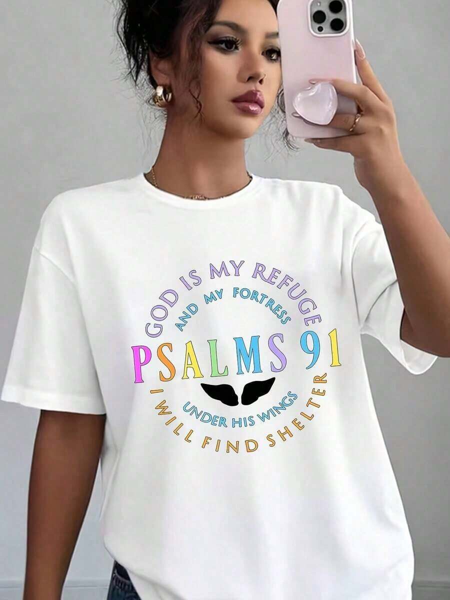 New 2026 Collection Cotton T-Shirt With Graphic Print: Psalm 91, God Is My Refuge And My Fortress, Under His Wings I Will Find Refuge. Casual T-Shirt For Women, Soft And Comfortable, Christian Gift For Christmas, Easter, Birthday. - 白色 - 查看 1