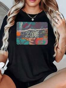100% Cotton. Abstract Landscape With A Female Silhouette Surrounded By Vibrant Tones That Convey Energy And Creativity, Ideal For Free Spirits. Women's 100% Cotton 220g T-Shirt. Women's Simple Solid Color T-Shirt, Loose And Slim Fit Casual Short Sleeve - 黑色 - 查看 11