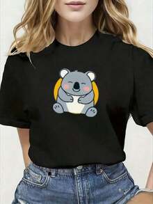 Women's White Crew Neck T-Shirt, Comfortable And Premium Quality, With Cute Cartoon Koala Print | Casual Summer T-Shirt With Gray Fur And Pink Cheeks Print, Suitable For Daily Wear, Regular Fit, Short Sleeve, Personalized Gift Idea. - 黑色 - 查看 7