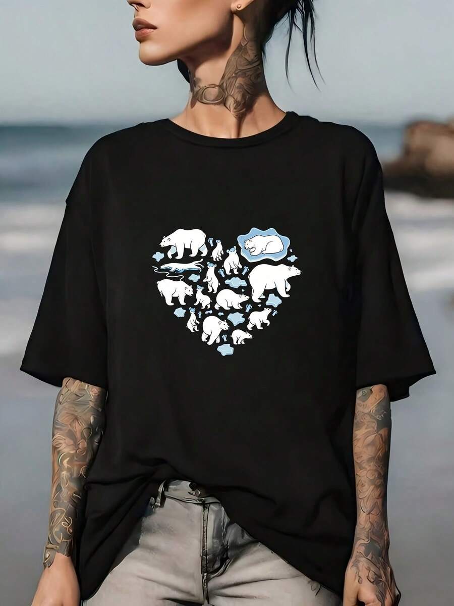 SoftPolar Bear Heart 180g T-Shirt For Men Women, Valentine's Day Gift, Soft Breathable T-Shirts For Family Gatherings, Company Team Building, Perfect For Summer FestivalscuteNew Arrival - 黑色 - 查看 1