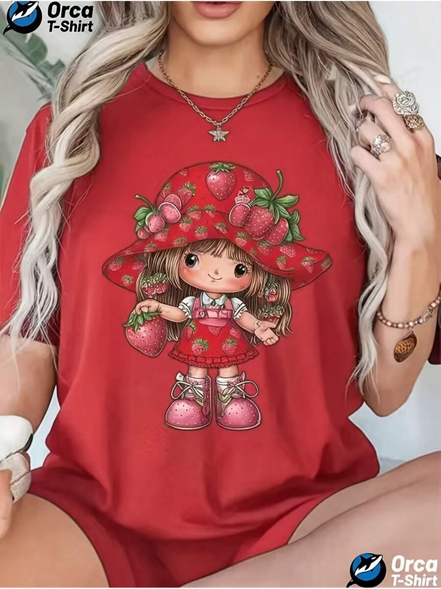 Women's Plus Size Summer Casual T-Shirt - This Adorable Strawberry Print Tee Is Perfect For Casual Wear, Going Out, Or As A Gift For Friends. Ideal For Occasions Like Christmas And Valentine's Day. - 紅色 - 查看 1