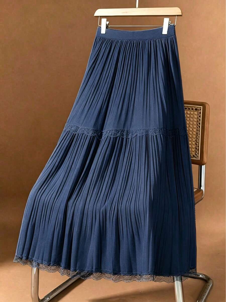 LuminousWealth Women's 2026 Autumn/Winter Elegant Long Skirt - Gentle Style Lace Patchwork Elastic Waist Pleated Hip-Covering Slimming A-Line Cake Skirt, Suitable For Daily, Party, Commute, Outdoor, Women's Halloween Costume, Christmas Outfit - Dark Blue - View 1