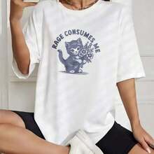 Women's Korean Style Summer Printed Cotton T-Shirt With Cat And Flower Print, Round Neck, Short Sleeve, Letter Print, Loose, Casual, Versatile, For Daily Wear, Beach, Party, Vacation, Roomy. - 白色 - 查看 6