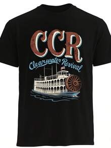Keriden Men's Vintage Rock Band T-Shirt - Loose-Fitting Short-Sleeved T-Shirt With Clear Water Revival Band Print, Made Of Soft And Breathable Fabric, Suitable For Casual Wear, Concerts And Vintage Style Outfits, Ideal For House Parties And Travel. - 黑色 - 查看 1