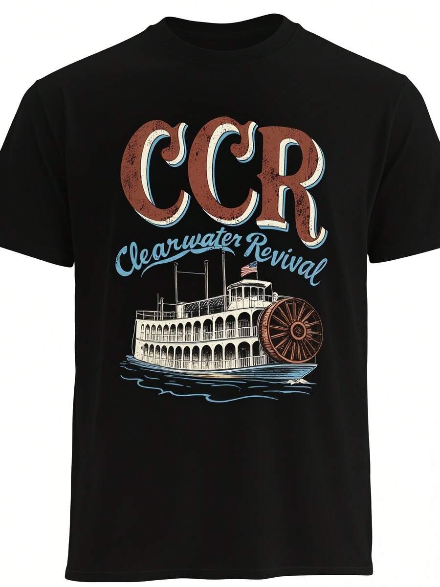 Keriden Men's Vintage Rock Band T-Shirt - Loose-Fitting Short-Sleeved T-Shirt With Clear Water Revival Band Print, Made Of Soft And Breathable Fabric, Suitable For Casual Wear, Concerts And Vintage Style Outfits, Ideal For House Parties And Travel. - 黑色 - 查看 1