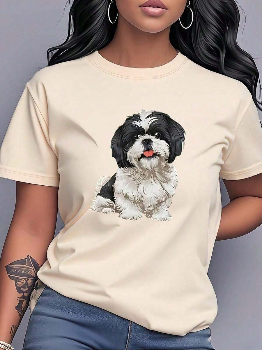 1 Piece Fashion Casual For Men And Women Shih Tzu Dog Print T-Shirt, Short Sleeve, Round Neck, Women's Clothing, Casual And Versatile, Modern And Fashionable, Suitable For Daily Wear, Dates, Casual Wear, And Home Wear. OB6L Is Versatile, Easy To Match, Suitable For Daily Wear, Urban Style, Vacation Outfits, And Weekend Wear. - 杏 - 查看 1