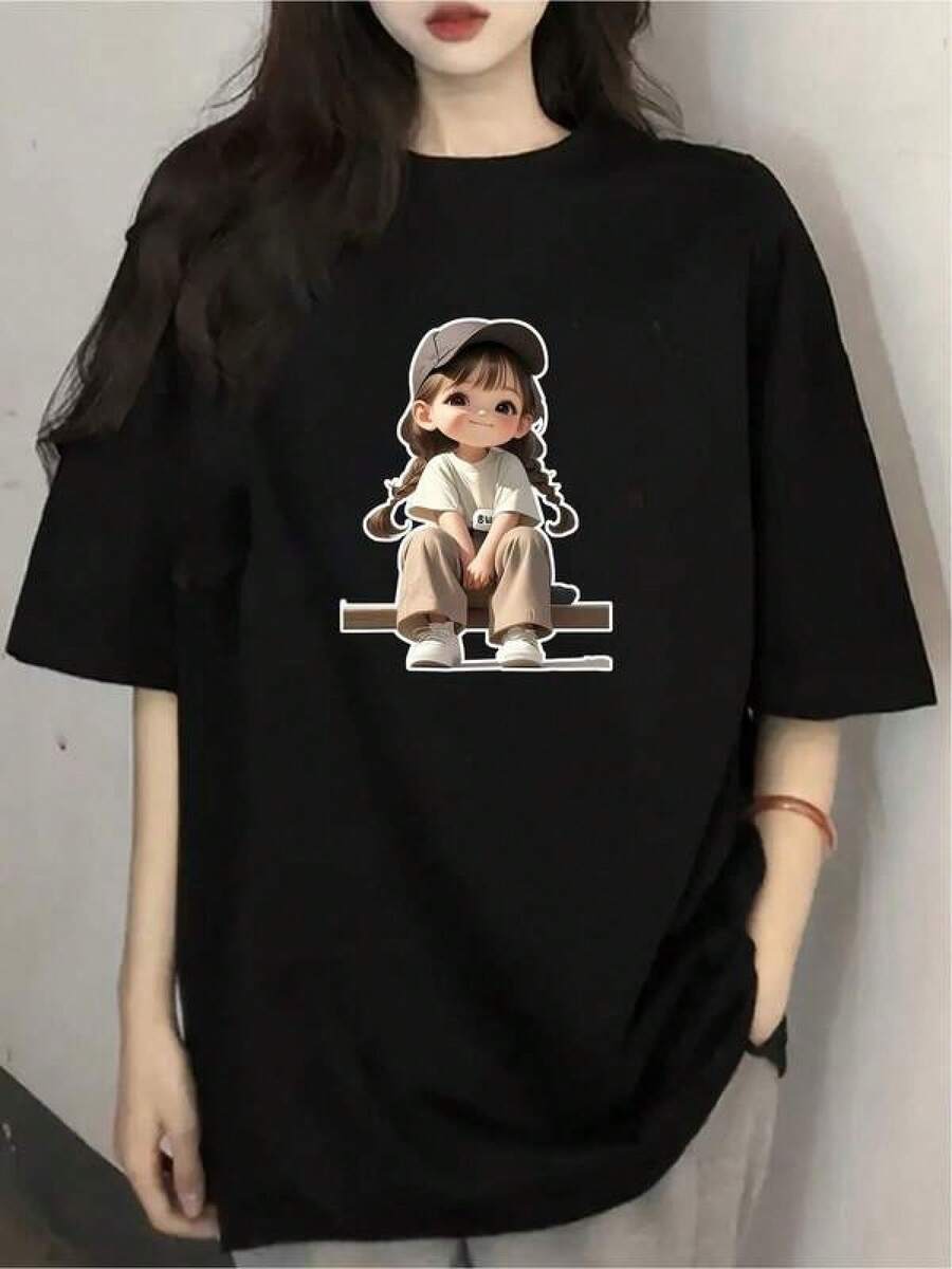 100% Algodón Premium: Cómpralo ya camiseta unisex divertida ilustración moderna estilo urbano cómoda casual negra disponible en varias tallas y colores moda adolescentes regalar- Ropa de Moda Casual Suave y Transpirable para Diario - Negro - Ver 1