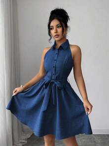 Vestido de cuello de camisa sin mangas con efecto de lino de dos tonos y efecto de mezclilla, silueta en línea A, diseño elegante y romántico, adecuado para uso al aire libre - Azul lavado oscuro - Ver 5