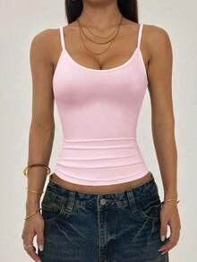 PETITE Camisola sin Mangas con Bajo Arrugado para Mujer, Estilo Casual, Color Sólido - Rosa - Ver 6