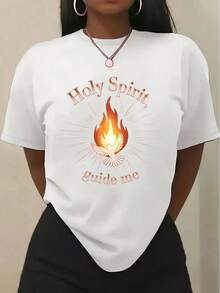 Women's T-Shirt With 'Christian Holy Spirit Guide Me' Print - Casual Short Sleeve Crew Neck Top With Flame And Light Design, Machine Washable, Easter And Christmas Gift, Suitable For All Seasons, Ideal For Christmas, Easter, Halloween, Thanksgiving, Etc. High Quality For Summer - 白色 - 查看 1