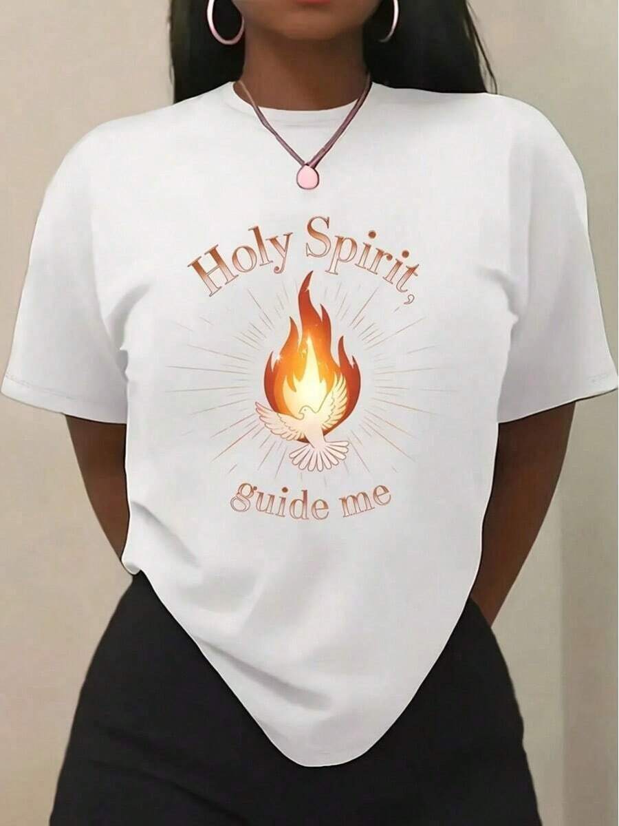Women's T-Shirt With 'Christian Holy Spirit Guide Me' Print - Casual Short Sleeve Crew Neck Top With Flame And Light Design, Machine Washable, Easter And Christmas Gift, Suitable For All Seasons, Ideal For Christmas, Easter, Halloween, Thanksgiving, Etc. High Quality For Summer - 白色 - 查看 1