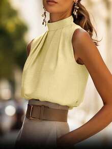 Top sin mangas de cuello alto con pliegues, top ajustado de diseño exclusivo y elegante para mujer, casual de verano - Amarillo - Ver 3