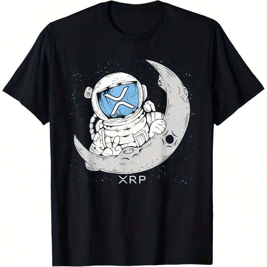 Crypto Meme - XRP Cryptocurrency - Astronaut On The Moon - All-Season XRP T-Shirt, 220g Cotton, Single-Sided Print, Crew Neck, Short Sleeve - 黑色3 - 查看 1