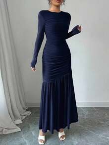 Vestido largo de manga larga con cuello redondo y malla para mujer, vestido casual de otoño.Adecuado para ropa de otoño, atuendo de regreso a clases, atuendo de maestro - Azul marino - Ver 3