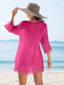 Swim Vcay Kimono cubrecuerpo para damas de un solo color con aplicaciones de encaje y botones delanteros - Rosa Fucsia - Ver 2
