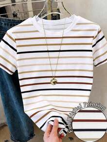 Camiseta de manga corta de cuello redondo a rayas, versátil y casual para uso diario de mujer - Multicolor - Ver 5