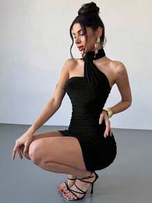 Nuevo vestido mini elegante, sexy y seductor de malla negra y roja con pliegues en la cintura, escote sin tirantes y dobladillo con lazo, ideal para la temporada de bodas, festivales de música, vuelta al colegio, vacaciones y eventos de fiesta y cóctel - Negro - Ver 8