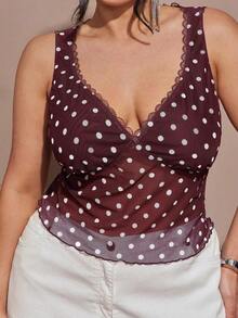 2026 Nueva Blusa de Tirantes Finos para Mujer Talla Grande, Blusa de Malla con Lunares, Ropa de Playa y Vacaciones - Burdeos - Ver 7