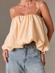 Top de camisola fruncido estilo bohemio con bajo abombado y tirantes ajustables para un estilo casual de verano - Albaricoque - Ver 6