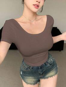 Camiseta ajustada de mujer de manga corta y escote redondo sin espalda de unicolor, top halter de verano - Café integral - Ver 2
