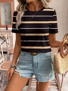 Camiseta de manga corta holgada con cuello redondo, estilo asimétrico a rayas, minimalista y casual, para mujer.Versátil y adecuada para primavera/verano y temporada deportiva - Multicolor 14 - Ver 9