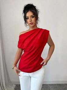 Blusa casual suelta de color liso con pliegues en el hombro oblicuo para mujer - Rojo - Ver 5