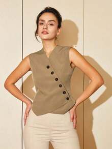 Chaleco corto de mujer de estilo casual de primavera/verano con botones diagonales, estilo de dinero viejo para negocios y ocio - Caqui - Ver 8