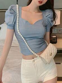Blusa de unicolor con cuello de corazón y mangas abullonadas, blusas de manga corta, tops de verano lindos para mujer - Azul - Ver 7