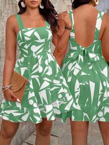 Vestido de talla grande con estampado, lazo en la cintura y decoración para mujeres de vacaciones - Verde - Ver 1
