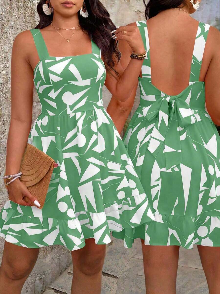Vestido de talla grande con estampado, lazo en la cintura y decoración para mujeres de vacaciones - Verde - Ver 1