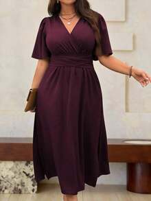 Vestido maxi de verano para mujer talla grande, de manga corta con volantes y cuello en V de un solo color - Granada - Ver 5