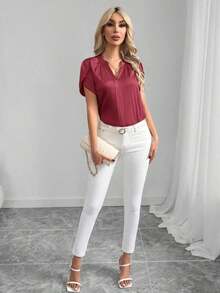 Blusa de satén de manga corta de cuello en V, unicolor elegante, para primavera/verano - Burdeos - Ver 4