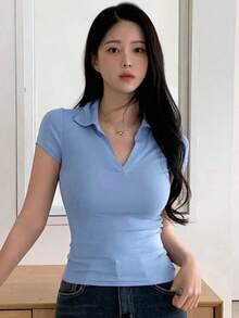 Playera de polo de mujer de verano casual de unicolor y ajuste estrecho - Azul - Ver 8