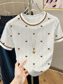 Camiseta casual de mujer de manga corta con estampado de corazón y cuello redondo de color contrastante - Blanco 5 - Ver 1